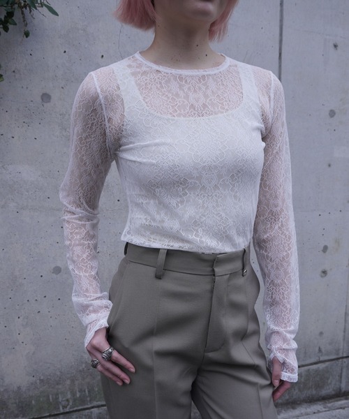 G.V.G.V.(ジーヴィージーヴィー)の「STRETCH LACE L/S TOP(Tシャツ/カットソー・レディース・ホワイト/ブラウン/ブラック・ONE SIZE)」の1枚目の写真