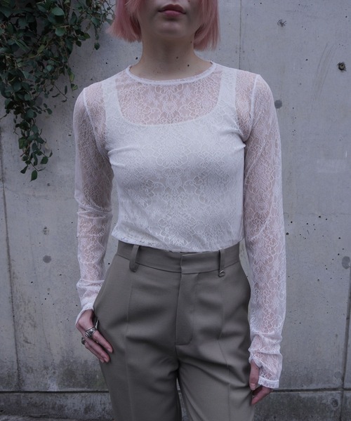 G.V.G.V.(ジーヴィージーヴィー)の「STRETCH LACE L/S TOP(Tシャツ/カットソー・レディース・ホワイト/ブラウン/ブラック・ONE SIZE)」の4枚目の写真