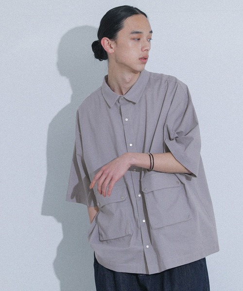 MHL. 半袖シャツジャケット　ボックスシルエット【L】ワークシャツ　コットン MHL ボックスシルエット オープンカラーシャツ S～M相当 日本製