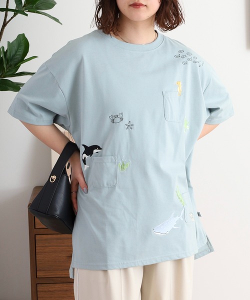Quelle Chance(ケルシャンス)の「多ポケット刺しゅう5分袖Tシャツ(Tシャツ/カットソー・レディース・チャコール/ライトブルー/チャコールグレー/ライトグリーン系/ホワイト系その他2/オートミール/ネイビー/オフホワイト/ホワイト系その他・M)」の7枚目の写真