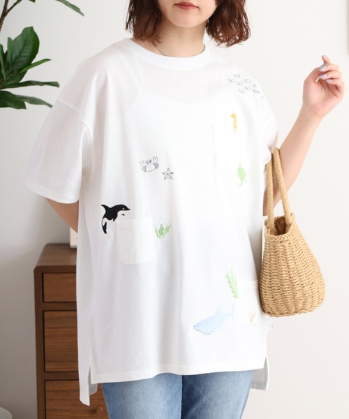 Quelle Chance(ケルシャンス)の「多ポケット刺しゅう5分袖Tシャツ(Tシャツ/カットソー・レディース・チャコール/ライトブルー/チャコールグレー/ライトグリーン系/ホワイト系その他2/オートミール/ネイビー/オフホワイト/ホワイト系その他・M)」の3枚目の写真