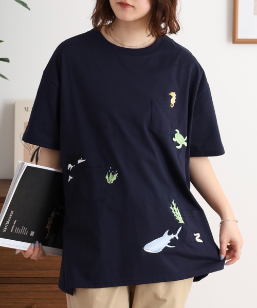 Quelle Chance(ケルシャンス)の「多ポケット刺しゅう5分袖Tシャツ(Tシャツ/カットソー・レディース・チャコール/ライトブルー/チャコールグレー/ライトグリーン系/ホワイト系その他2/オートミール/ネイビー/オフホワイト/ホワイト系その他・M)」の9枚目の写真
