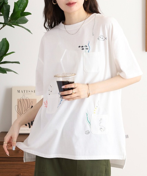 Quelle Chance(ケルシャンス)の「多ポケット刺しゅう5分袖Tシャツ(Tシャツ/カットソー・レディース・チャコール/ライトブルー/チャコールグレー/ライトグリーン系/ホワイト系その他2/オートミール/ネイビー/オフホワイト/ホワイト系その他・M)」の1枚目の写真