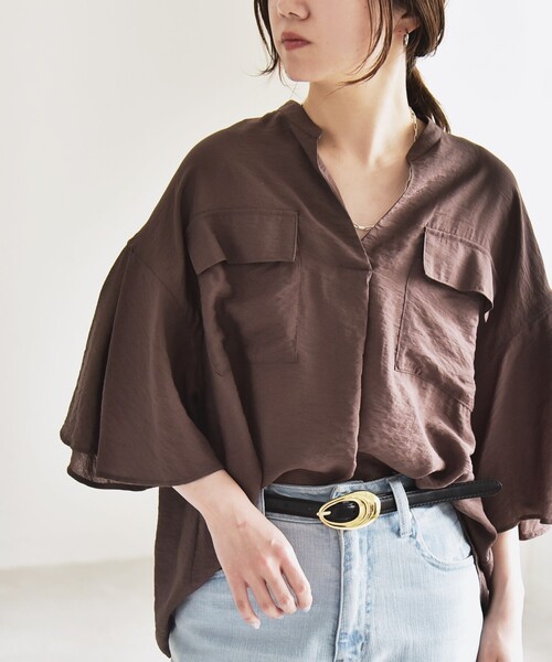 ブラウス シャツ quaranciel:「手洗い可能」フレア ハーフスリーブ バンドカラー スキッパー シャツ レディース quaranciel:〈手洗い可能〉フレア ハーフスリーブ バンドカラー