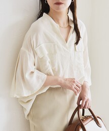 quaranciel:〈手洗い可能〉フレア ハーフスリーブ バンドカラー スキッパー シャツ