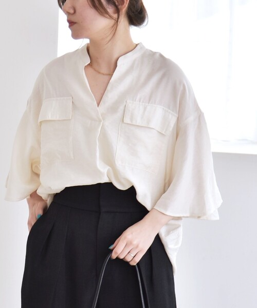 quaranciel(カランシエル)の「quaranciel:〈手洗い可能〉フレア ハーフスリーブ バンドカラー スキッパー シャツ(シャツ/ブラウス・レディース・ブラウン/カーキ/オフホワイト・ONE SIZE)」の14枚目の写真
