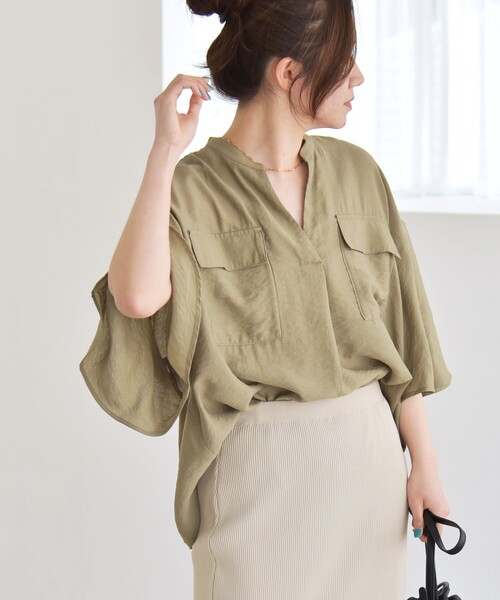 カランシエル（quaranciel）/quaranciel:〈手洗い可能〉フレア ハーフスリーブ バンドカラー スキッパー シャツ quaranciel:〈手洗い可能〉フレア ハーフスリーブ バンドカラー