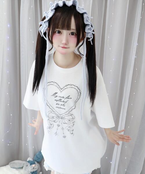 Whinny（ホワイニー）の「Whinny/マイフェイスラブリィティー（Tシャツ/カットソー・レディース・ホワイト/サックスブルー/ブラック・FREE）」の5枚目の写真