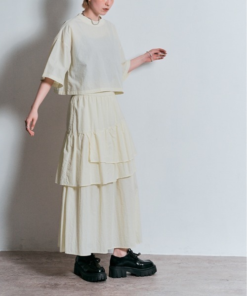 W:Huku(フーク)の「撥水 リブネック ショート トップス / 半袖 ハーフスリーブ(Tシャツ/カットソー・レディース・ブラック/チャコール/アイボリー/アッシュブラウン・FREE)」の22枚目の写真