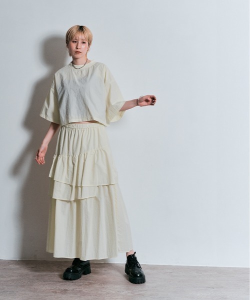 W:Huku(フーク)の「撥水 リブネック ショート トップス / 半袖 ハーフスリーブ(Tシャツ/カットソー・レディース・ブラック/チャコール/アイボリー/アッシュブラウン・FREE)」の17枚目の写真