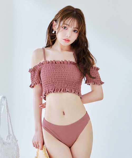 シャーリングオフショルビキニ 2点セット【ビキニ】【水着