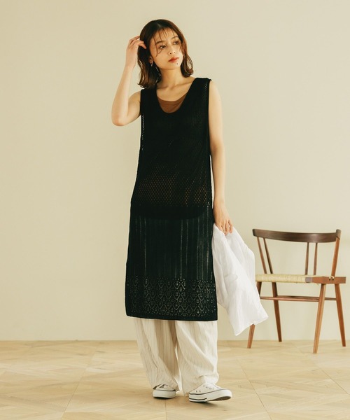 ✨美品✨EBONY 和紙混ニットワンピース 透かし編み レイヤードデザイン セール】透かし編みベストニットワンピース（ワンピース