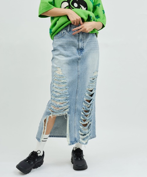 atmos pink(アトモスピンク)の「atmos pink Damaged Long Skirt / アトモス ピンク ダメージ ロング スカート(スカート・レディース・ブルー/ブラック・M/S)」の3枚目の写真