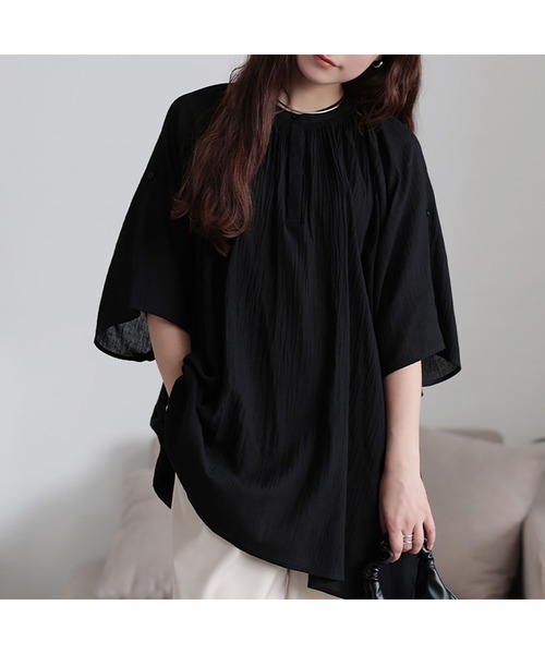 GOLDJAPAN(ゴールドジャパン)の「バンドカラー袖ドロストコットンチュニック【大きいサイズ対応】(チュニック・レディース・ブラック/レッド・LL~3L/4L~5L)」の9枚目の写真