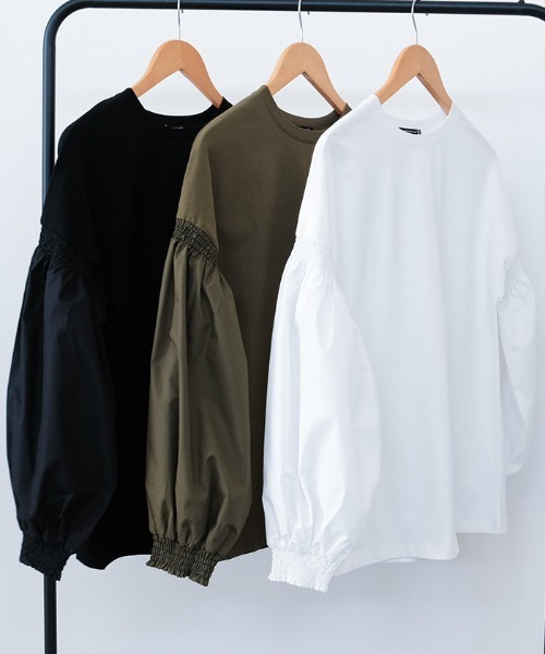 aquagarage（アクアガレージ）の「異素材MIXパフスリーブカットソー（Tシャツ/カットソー・レディース・ブラック/カーキ/ホワイト・FREE）」の6枚目の写真