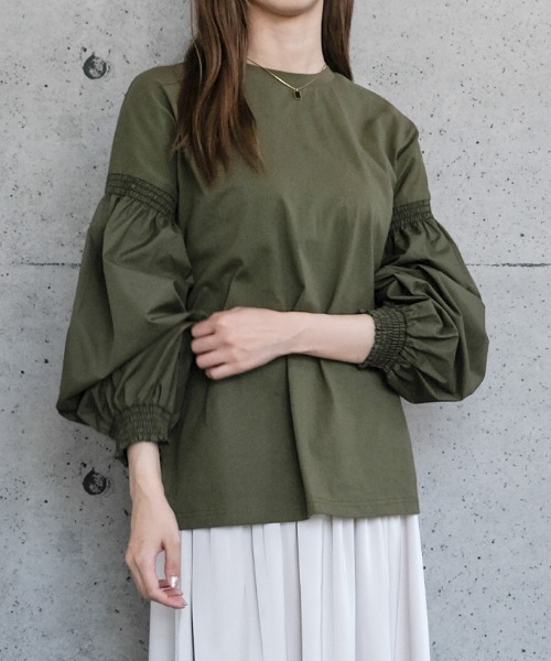aquagarage（アクアガレージ）の「異素材MIXパフスリーブカットソー（Tシャツ/カットソー・レディース・ブラック/カーキ/ホワイト・FREE）」の12枚目の写真