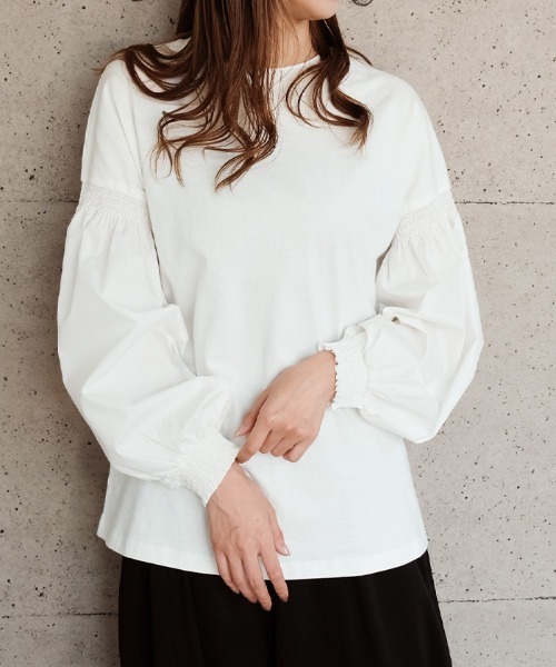 aquagarage（アクアガレージ）の「異素材MIXパフスリーブカットソー（Tシャツ/カットソー・レディース・ブラック/カーキ/ホワイト・FREE）」の21枚目の写真