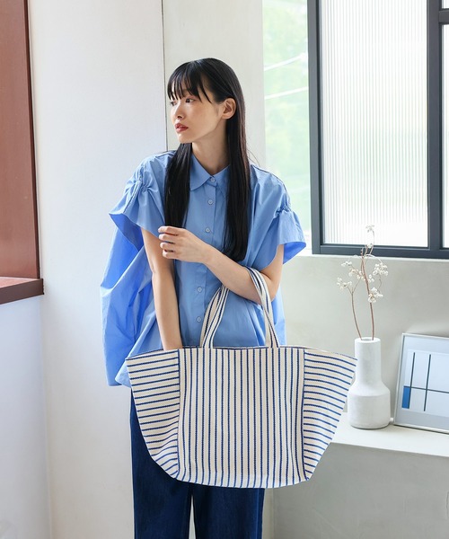 VitaFelice(ヴィータフェリーチェ)の「ストライプキャンバストートバッグ ビッグトート(トートバッグ・レディース・ブラック/ブルー/グレー・FREE)」の14枚目の写真