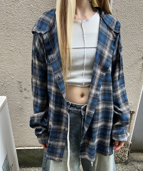 Figments（フィグメンツ）の「フーデッドオーバーチェックシャツ（シャツ/ブラウス・レディース・ブルー/ブラウン・FREE）」の9枚目の写真