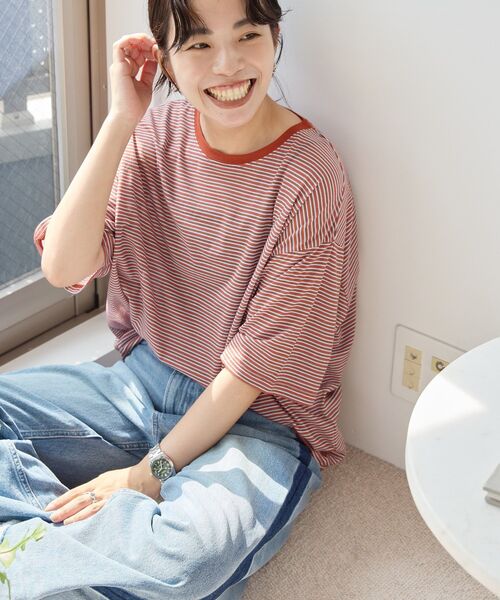 AMERICAN HOLIC（アメリカンホリック）の「シアーレトロボーダー半袖プルオーバー（Tシャツ/カットソー・レディース・ベージュ/テラコッタ/ブラック/モカ・L/M）」の6枚目の写真