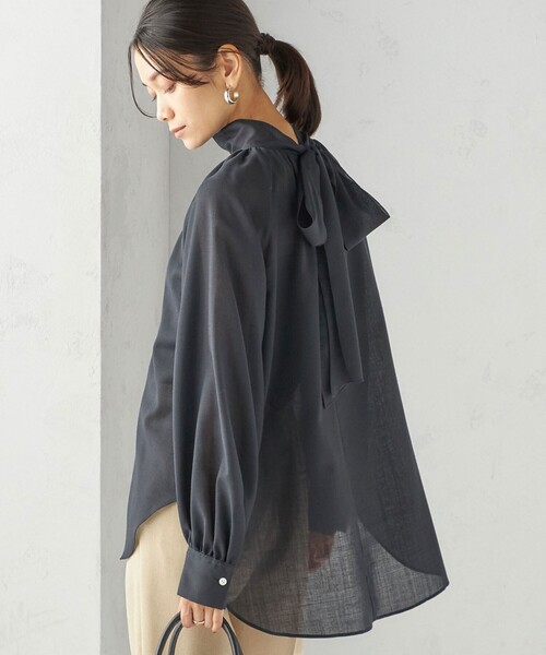 手洗い可能〉ウール混 シアー ボイル リボン ブラウス（シャツ