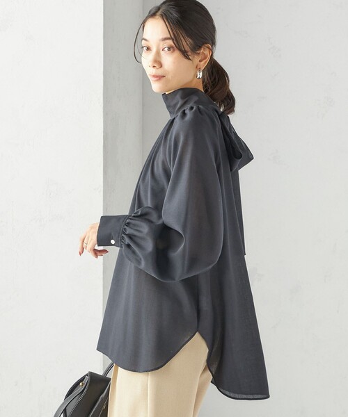 手洗い可能〉ウール混 シアー ボイル リボン ブラウス（シャツ