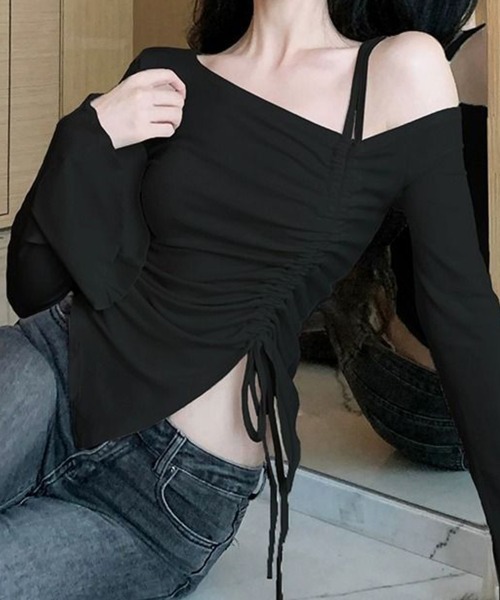 Miniministore(ミニミニストア)の「ワンオフショルダーTシャツギャザー 長袖(Tシャツ/カットソー・レディース・ブラック/ダークグレー/ホワイト・FREE)」の10枚目の写真