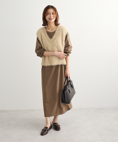 Green Parks(グリーンパークス)の「SET2点ラメフェザーベスト+ミニ裏毛ワンピース(ワンピース・レディース・ベージュ/グレー・FREE)」の6枚目の写真