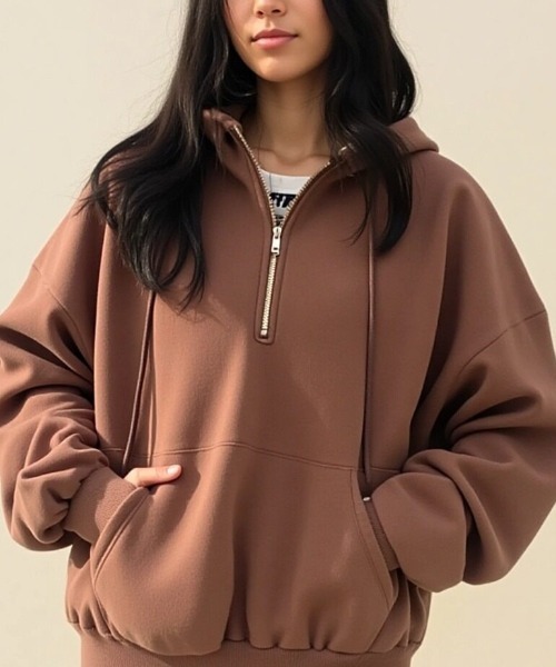cammie(キャミー)の「カンガルーポケットハーフジップフーディー(パーカー・レディース・アイボリー/モカ/グレー・M/L)」の15枚目の写真
