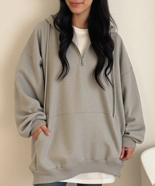 cammie(キャミー)の「カンガルーポケットハーフジップフーディー(パーカー・レディース・アイボリー/モカ/グレー・M/L)」の4枚目の写真
