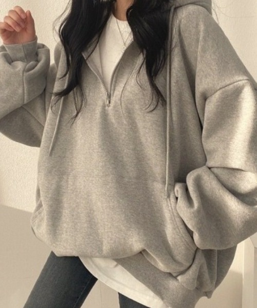 cammie(キャミー)の「カンガルーポケットハーフジップフーディー(パーカー・レディース・アイボリー/モカ/グレー・M/L)」の11枚目の写真