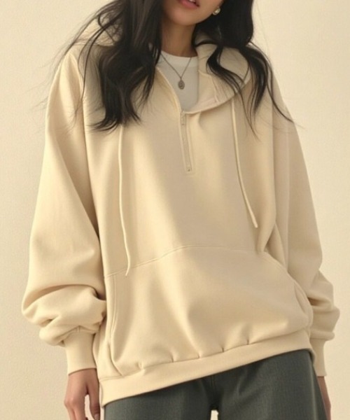 cammie(キャミー)の「カンガルーポケットハーフジップフーディー(パーカー・レディース・アイボリー/モカ/グレー・M/L)」の9枚目の写真