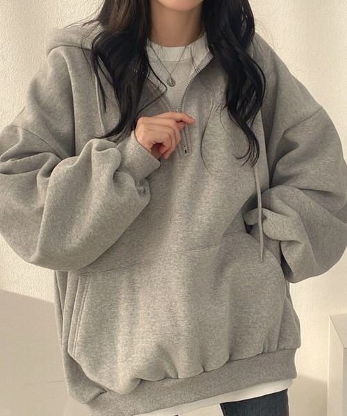 cammie(キャミー)の「カンガルーポケットハーフジップフーディー(パーカー・レディース・アイボリー/モカ/グレー・M/L)」の8枚目の写真