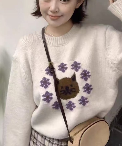 Achic(アシック)の「カワイイ猫柄セーター(ニット/セーター・レディース・ブルー/ホワイト・M)」の6枚目の写真