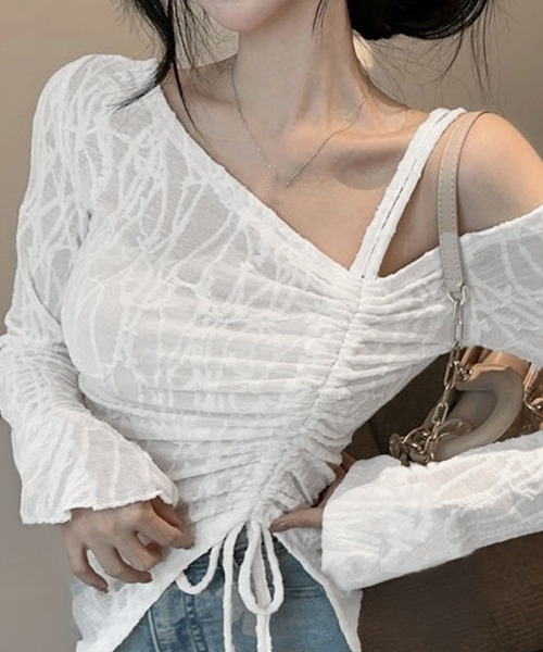 Miniministore(ミニミニストア)の「ワンオフショルダーレースTシャツギャザー(Tシャツ/カットソー・レディース・ブラック/ホワイト・FREE)」の4枚目の写真