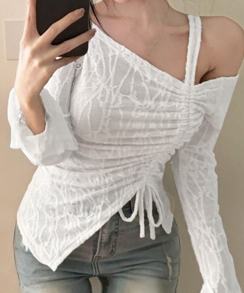 Miniministore(ミニミニストア)の「ワンオフショルダーレースTシャツギャザー(Tシャツ/カットソー・レディース・ブラック/ホワイト・FREE)」の5枚目の写真
