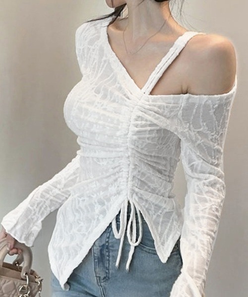 Miniministore(ミニミニストア)の「ワンオフショルダーレースTシャツギャザー(Tシャツ/カットソー・レディース・ブラック/ホワイト・FREE)」の6枚目の写真