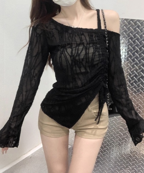 Miniministore(ミニミニストア)の「ワンオフショルダーレースTシャツギャザー(Tシャツ/カットソー・レディース・ブラック/ホワイト・FREE)」の9枚目の写真