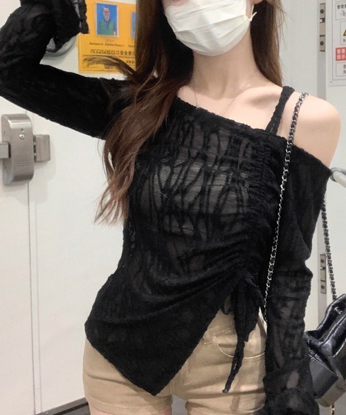 Miniministore(ミニミニストア)の「ワンオフショルダーレースTシャツギャザー(Tシャツ/カットソー・レディース・ブラック/ホワイト・FREE)」の14枚目の写真