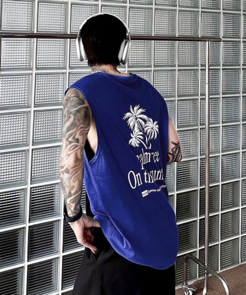 NOWLE（ノウル）の「【NOWLE】リゾートスタイル パームツリー サマー ノースリーブ Tシャツ（タンクトップ・メンズ・ホワイト/ブルー/ブラック・FREE）」の3枚目の写真