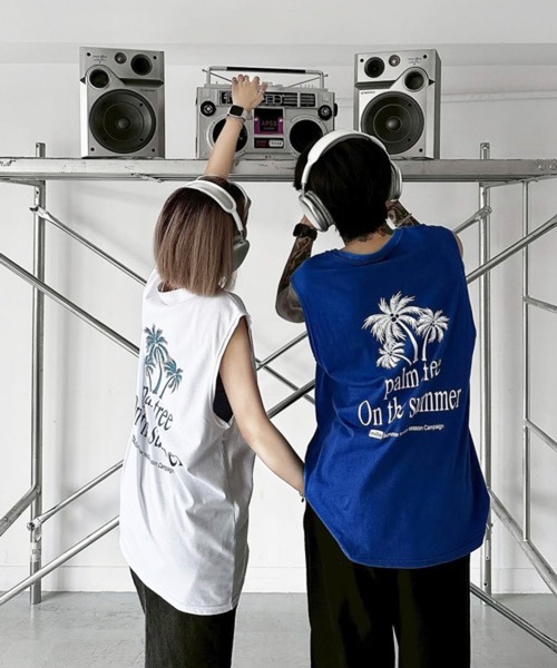 NOWLE（ノウル）の「【NOWLE】リゾートスタイル パームツリー サマー ノースリーブ Tシャツ（タンクトップ・メンズ・ホワイト/ブルー/ブラック・FREE）」の5枚目の写真