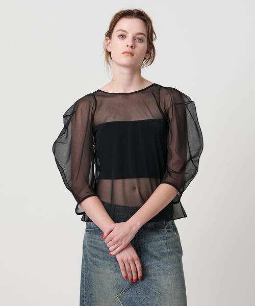 ASTRAET（アストラット）の「＜ASTRAET＞ シアー パフスリーブカットソー（Tシャツ/カットソー・レディース・ナチュラル/ブラック・FREE）」の2枚目の写真