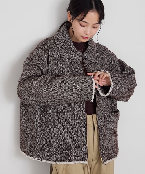 forksy.】ヘリンボーンフリンジ衿付きファスナージャケット（その他