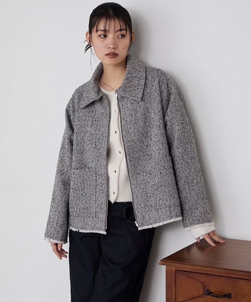 セール】【forksy.】ヘリンボーンフリンジ衿付きファスナージャケット