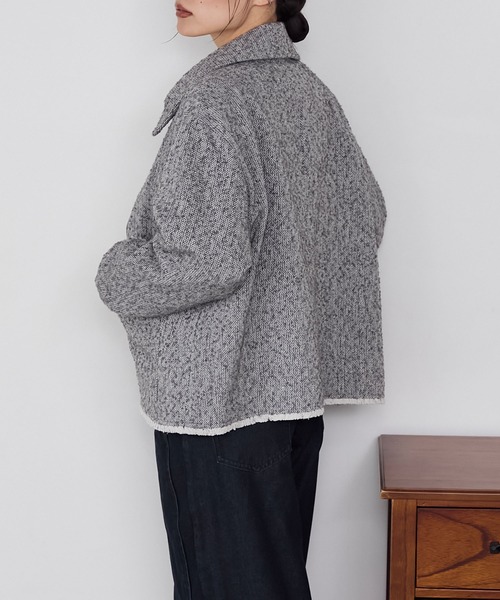 forksy.】ヘリンボーンフリンジ衿付きファスナージャケット forksy