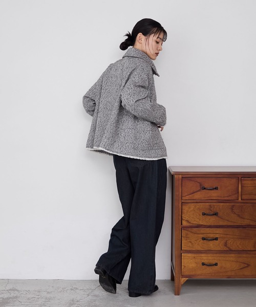 forksy.】ヘリンボーンフリンジ衿付きファスナージャケット forksy