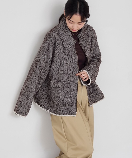 forksy.】ヘリンボーンフリンジ衿付きファスナージャケット forksy