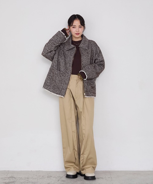 forksy.】ヘリンボーンフリンジ衿付きファスナージャケット forksy