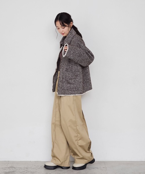 forksy.】ヘリンボーンフリンジ衿付きファスナージャケット forksy