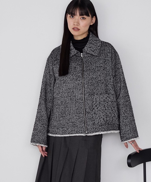 forksy.】ヘリンボーンフリンジ衿付きファスナージャケット forksy